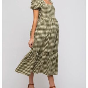 Olive Gingham Midi Dress with Puff Sleeves